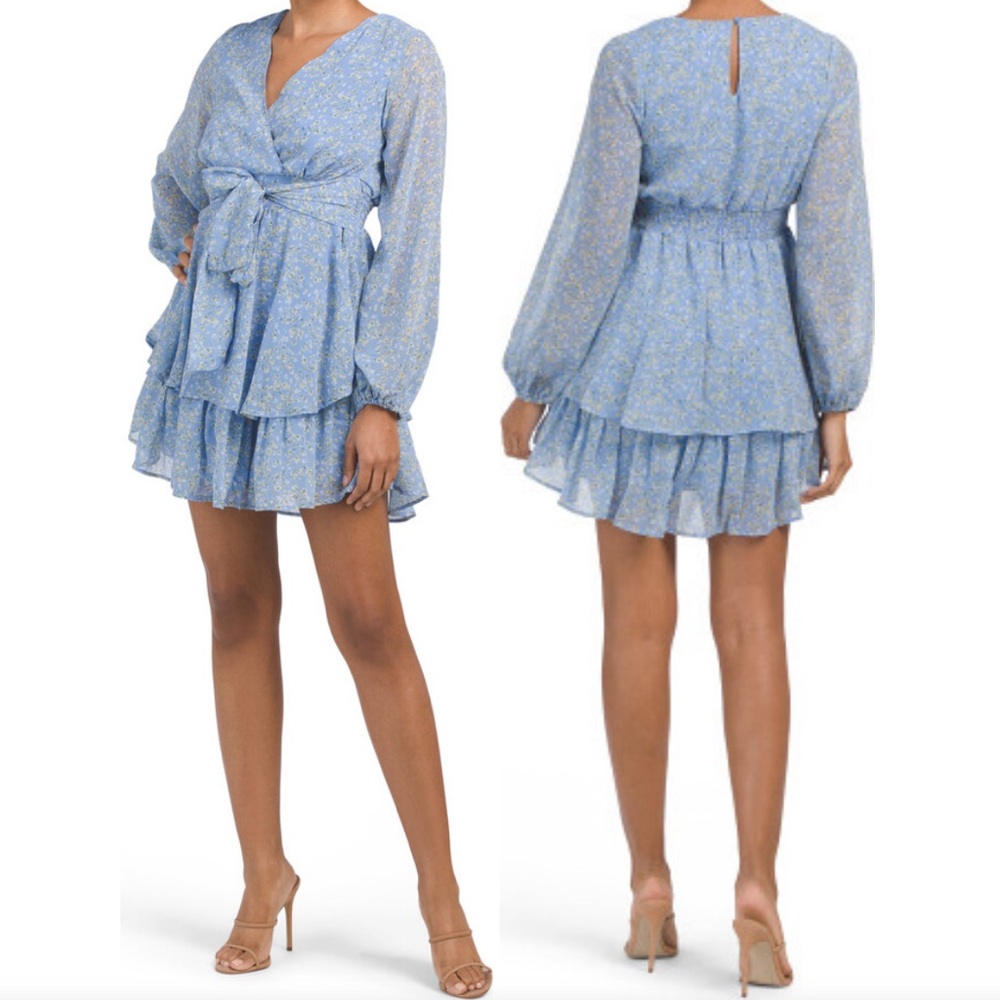 Japna Tiered Smocked Waist Baby Blue Floral Long Sleeve Bow Dress Size Large